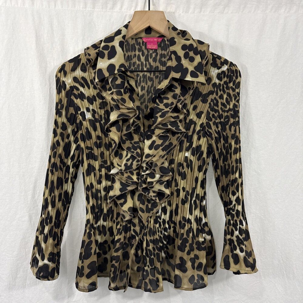 Sunny Leigh Womens Sz M Ruffle Pleated Leopard Print Button Top Y2K
